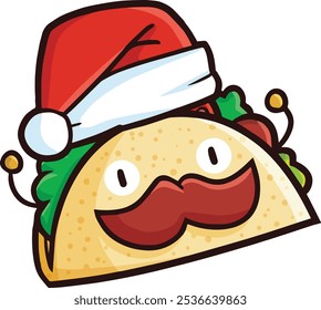 Personaje lindo y divertido de la historieta del taco que lleva el sombrero de santa que celebra la Navidad