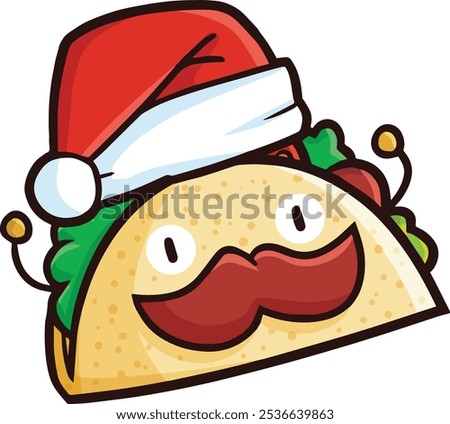 Cute and funny taco cartoon character wearing santa's hat celebrating christmas