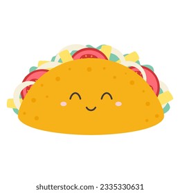 cute funny taco character, cartoon vector illustration isolated on white background, fast food concept
