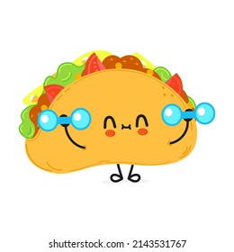 Cute funny taco character dumbbells. Vector hand drawn cartoon kawaii character illustration icon. Isolated white background. Taco character gym,emoji,child,face,adorable,kids,cartoon, adorable,cute