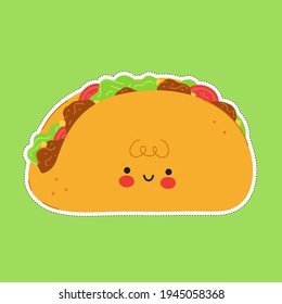 Cute funny Taco sticker character. Vector hand drawn cartoon kawaii character illustration icon. Isolated on white background. Taco character concept