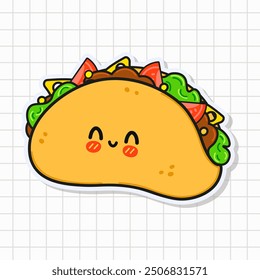 Cute funny Taco sticker. Vector hand drawn cartoon kawaii character illustration icon. Isolated on background. Taco card character concept