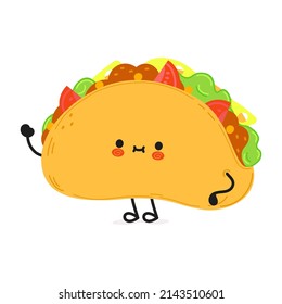 Cute funny taco waving hand character.Vector hand drawn cartoon kawaii character illustration icon. Isolated on white background. Taco character emoji,child,face,adorable,kids,cartoon,doodle,cute