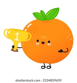 Cute funny Tangerine fruit hold gold trophy cup. Vector hand drawn cartoon kawaii character illustration icon. Isolated white background. Happy Mandarin with winner trophy cup