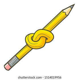 Cute and funny tangled  yellow pencil in cartoon style