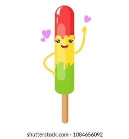 Cute, funny, tasty, yummy ice cream juice with a nice 
smiling face, waving his hand, ice cream on a stick red, yellow, green color. Modern vector flat design image isolated on white background