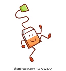 Cute and funny tea bag running and smiling happily