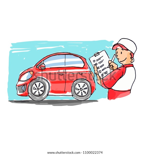 Cute and funny technician holding a list and
observing a car - vector.