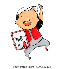 Cute and funny technician man get appreciation certificate, smiling happily - vector.