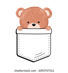 Cute funny teddy bear in pocket print for t-shirt.Vector cartoon doodle line  character logo illustration design.Isolated on white background. Teddy bear in t-shirt,apparel,baby kids clothing pocket