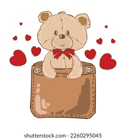 Cute lustige Teddybär im Taschendruck für T-Shirt. Vektorcartoon doodle Linie Zeichen Logo-Design Illustration. Einzeln auf weißem Hintergrund. Teddybär auf T-Shirt, Kleidung, Kinderkleidung