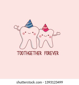 Cute and funny teeth couple together forever friendship card. Vector illustration.