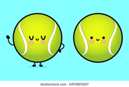 Netter lustiger Tennisball. Vektorgrafik Handgezeichnete Cartoon Kawaii Zeichen Illustration Ikone. Isoliert auf blauem Hintergrund. Happy Tennisball Charakter Konzept