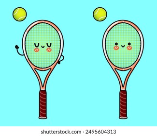 Cute funny Tennis racquet character. Vector hand drawn cartoon kawaii character illustration icon. Isolated on blue background. Tennis racquet character concept