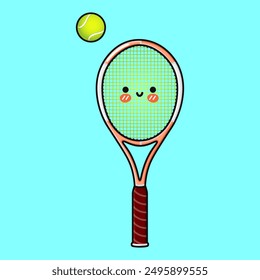 Cute funny Tennis racquet character. Vector hand drawn cartoon kawaii character illustration icon. Isolated on blue background. Tennis racquet character concept