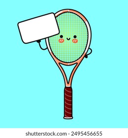 Cute funny Tennis racquet with poster. Vector hand drawn cartoon kawaii character illustration icon. Isolated on blue background. Tennis racquet think concept