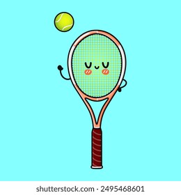 Cute funny Tennis racquet waving hand. Vector hand drawn cartoon kawaii character illustration icon. Isolated on blue background. Tennis racquet character concept