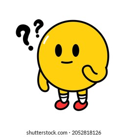 Cute funny think emoji smile face with question mark. Vector flat line doodle cartoon kawaii character illustration icon. Isolated on white background. Yellow emoji circle think character concept
