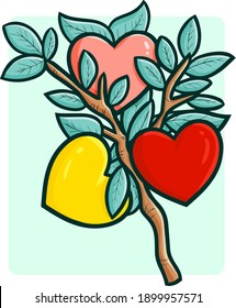 Cute and funny three colors fruits of love hanging on a tree for valentine
