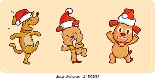 Cute and funny three dogs wearing Santa's hat for christmas, dancing and laughing - vector.