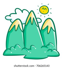 Cute and funny three mountains, with sun and cloud background - vector.