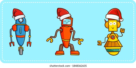 Cute and funny three robots  wearing Santa's hat for Christmas