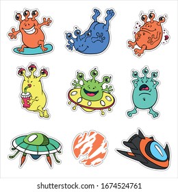 cute funny three-eyed colored aliens in a flying saucer , surfing in space with rockets, planets and spaceships, isolated, with outline, sticker set