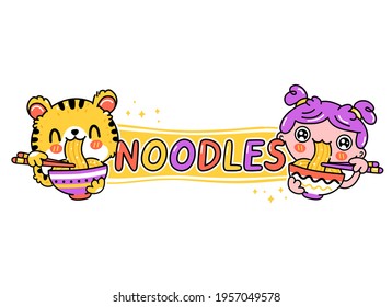 Cute funny tiger cat and young woman eat noodles from bowl. Vector hand drawn cartoon kawaii character illustration. Asian food, japanese,korean noodle mascot cartoon logo character concept