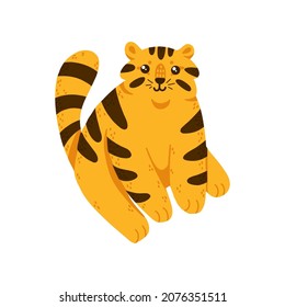 Carácter tigre lindo y gracioso aislado en fondo blanco, vector, estilo plano