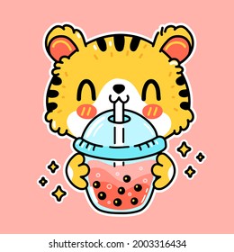 Cute funny tiger drink bubble tea from cup. Vector hand drawn cartoon kawaii character illustration sticker logo icon. Asian boba, bubble tea drink cartoon character poster concept