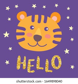 Cute funny tiger face with a golden glitter 'hello' lettering inscriptoin. Flat design vector illustration for children's print, poster or card