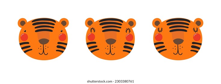 Cute funny tiger faces illustrations set. Hand drawn cartoon character. Scandinavian style flat design, isolated vector. Kids print element, poster, card, wildlife, nature, baby animals