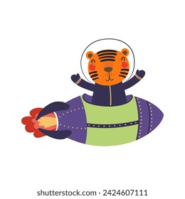 Nettes lustiges Tiger fliegendes Raumschiff, Rakete Cartoon Charakter Illustration. Handgezeichnetes Tier, skandinavischer Stil flaches Design, isolierter Vektor. Kinderdruckelement, Weltraumabenteuer, Reisen, Wissenschaft