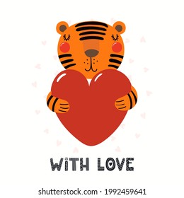 Cute funny tiger holding heart, quote With love, isolated on white. Hand drawn vector illustration. Scandinavian style flat design. Concept for kids Valentines day card, fashion, textile print, poster