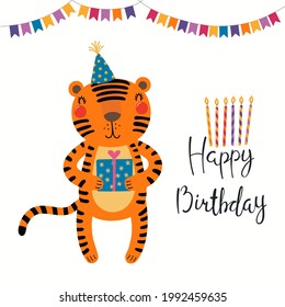 Cute funny tiger in party hat, with gift, quote Happy birthday, isolated on white. Hand drawn vector illustration. Scandinavian style flat design. Concept for kids fashion, textile print, poster, card