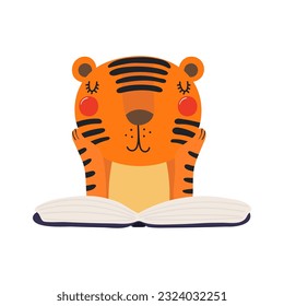 Cute funny tiger reading book cartoon character illustration. Hand drawn Scandinavian style flat design, isolated vector. Kids print element, book lover, education, literature, library, bookstore