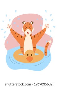 A cute funny tiger is resting in the summer, swimming in the sea or ocean with an inflatable ring in the form of a duck. Vector illustration. 2022 year of the tiger.