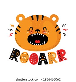 Un tigre gracioso. Cita ruidosa. Icono de ilustración del personaje de dibujos animados de estilo escandinavo vector. Aislado sobre fondo blanco. Impresión de vivero de personajes de tigre para camisetas de niños, tarjeta, concepto de afiches