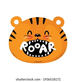 Un tigre gracioso. Cita ruidosa. Icono de ilustración del personaje de dibujos animados de estilo escandinavo vector. Aislado sobre fondo blanco. Impresión de vivero de personajes de tigre para camisetas de niños, tarjeta, concepto de afiches