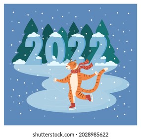 A cute funny tiger in a scarf is skating under the snow in winter and smiling. Vector New Year's illustration. New Year 2022.	