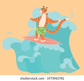A cute funny tiger in shorts surfs the board, swims on the waves. 2022 new year of the tiger. Summer vector illustration