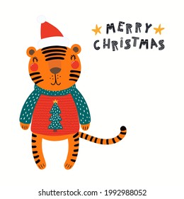 Cute funny tiger in ugly sweater, Santa Claus hat, quote Merry Christmas, isolated on white. Hand drawn vector illustration. Scandinavian style flat design. Concept kids holiday card, print, poster.