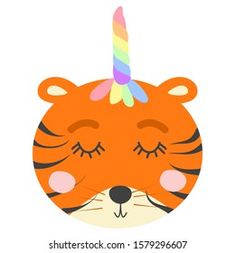 cute funny tiger with a unicorn horn. Scandinavian style flat design. Concept for children print.