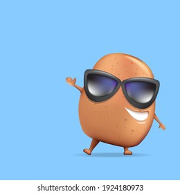 Pequeño y gracioso personaje de papa con gafas de sol aisladas en fondo azul. funky vegetal kawaii 
 caracter de comida sonriente