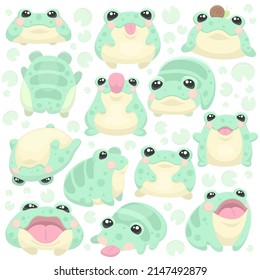 Cute and funny toads in different poses among water lilies