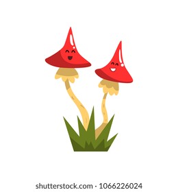 Cute funny toadstool mushroom characters with funny faces vector Illustration on a white background