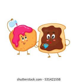 Cute and funny toast with chocolate spread and donut characters, pastry for breakfast, cartoon vector illustration isolated on white background. Toasted breakfast bread and English scone characters
