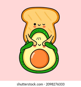 Cute funny toast make avocado surprise.Vector hand drawn cartoon doodle kawaii character illustration icon. Avocado,healthy food,toast cartoon character card concept