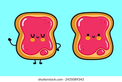 Lindo trozo de pan tostado con mermelada. Icono de ilustración de personaje kawaii dibujado a mano vectorial. Aislado sobre fondo azul. Tostada de pan con mermelada concepto de carácter