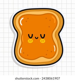 Cute funny Toast piece of bread with peanut butter sticker. Vector hand drawn cartoon kawaii character illustration icon. Isolated background Toast piece of bread with peanut butter character concept